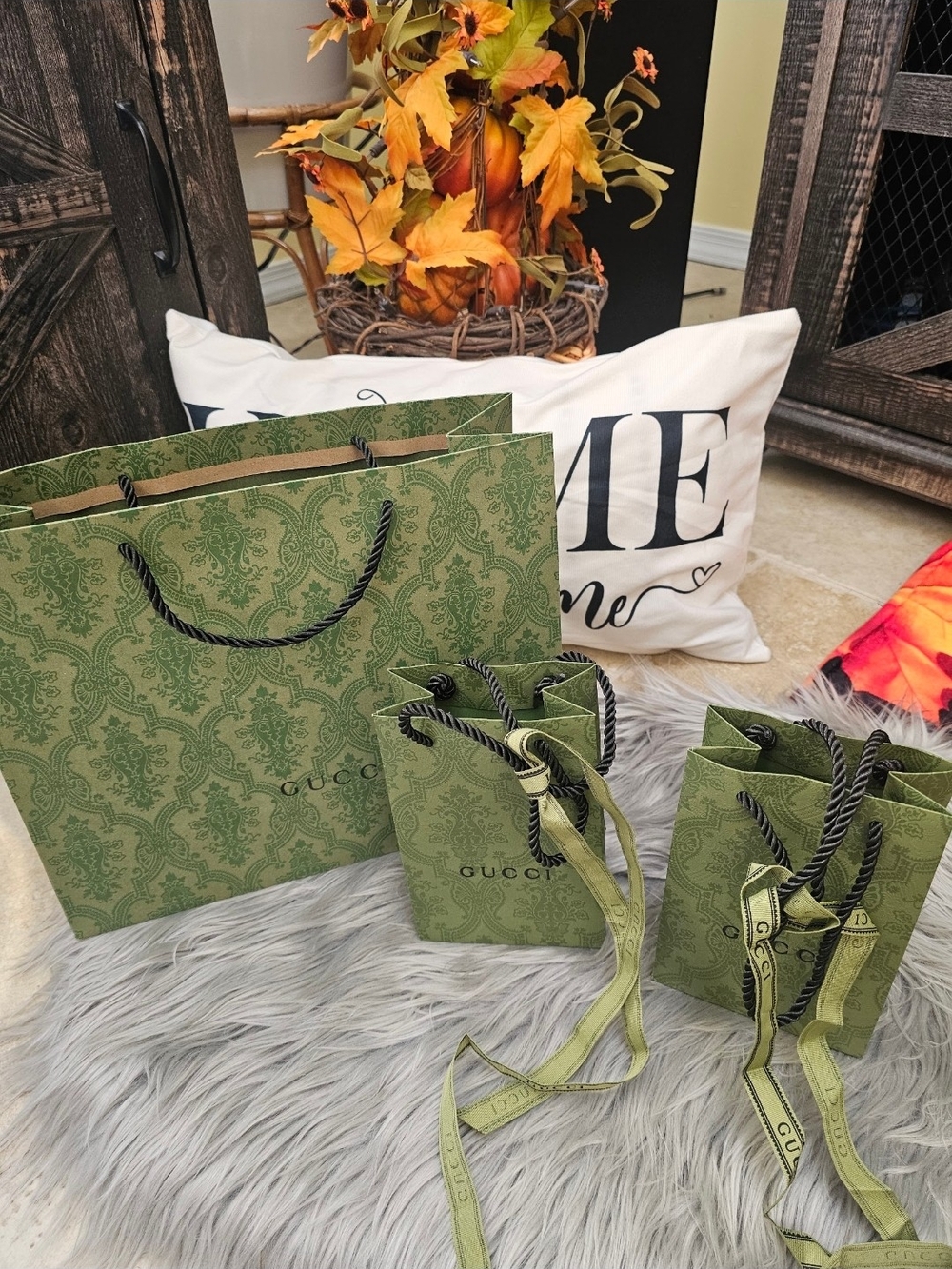 Gucci Green Patterned Paper Tote with Matching Gift Bags